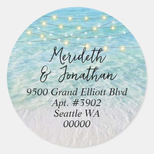 Elegant Sandy Beach Sea Glass Lights Script Classic Round Sticker