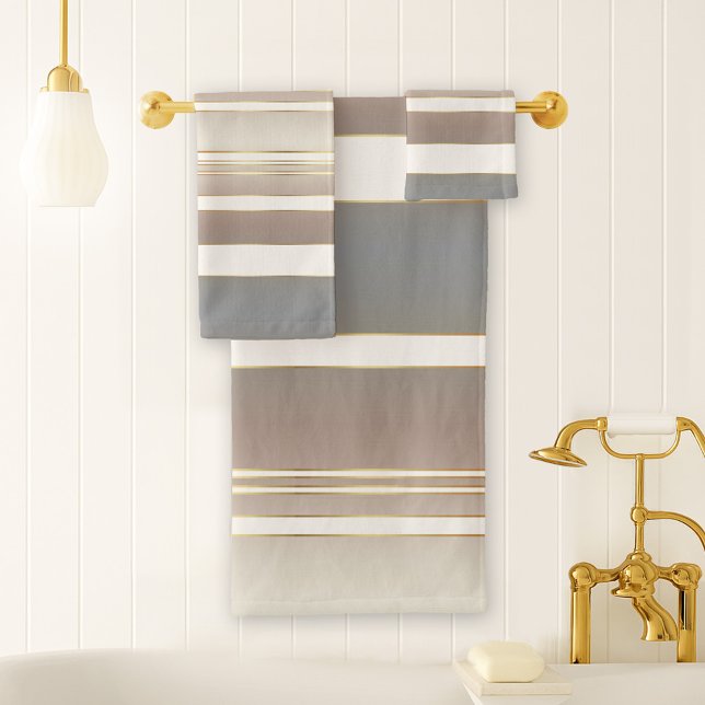 Elegant Sandy Beach Striped Pattern Bath Towel Set (Striped bathroom towel set in a variety of beige and grey with ivory and tiny gold printed lines)