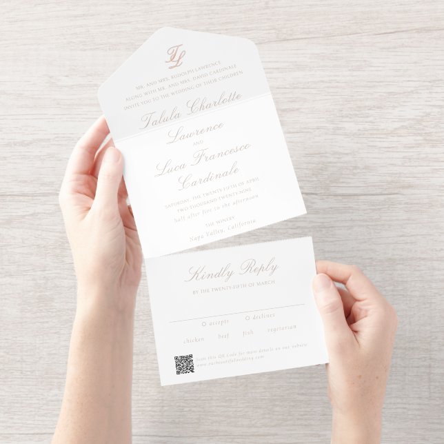 Elegant Sandy Neutral QR Code Traditional Wedding All In One Invitation (Tearaway)