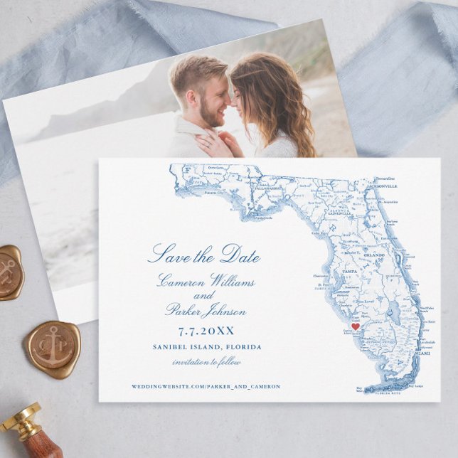 Elegant Sanibel Island Florida Wedding Navy Map Save The Date (Elegant Sanibel Island Florida Wedding Save the dates in navy blue from Coastal Map Designs)