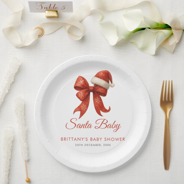 Elegant Santa Baby Shower Red Bow Christmas Paper Plates (Wedding)