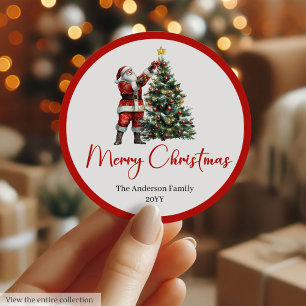 Elegant Santa Claus Red White Script Font Holiday Classic Round Sticker