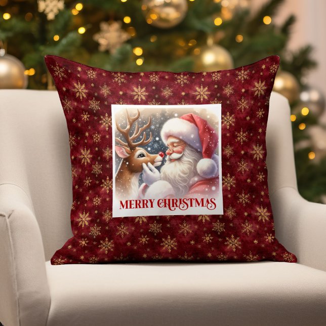 Elegant Santa Claus Rudolph Cute Classic Christmas Throw Pillow (simple classic watercolor santa claus,
santa claus reindeer rudolph,
rudolph red nosed deer xmas,
wa)
