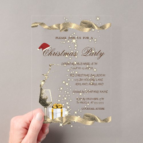 Elegant,Santa Hat,Glass,Corporate Christmas Party, Acrylic Invitations