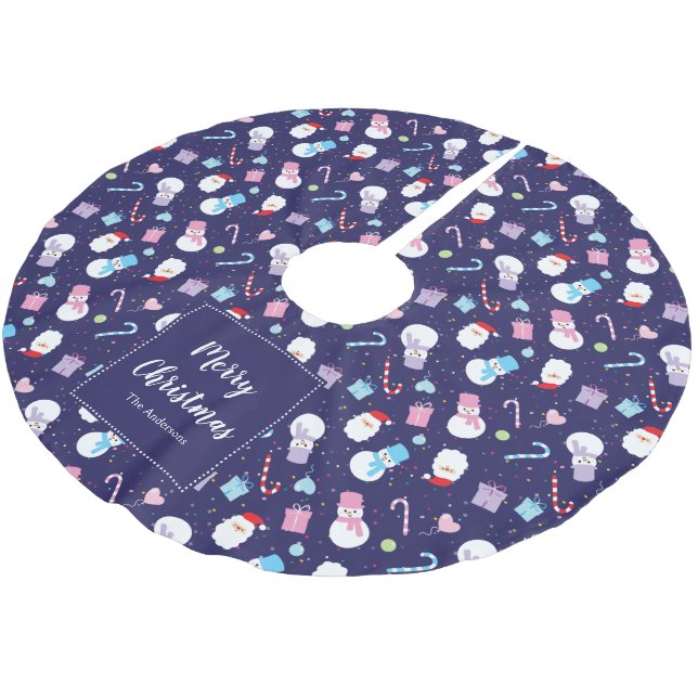 Elegant Santa Snowman Candy Cane Christmas Pattern Brushed Polyester Tree Skirt (Angled)