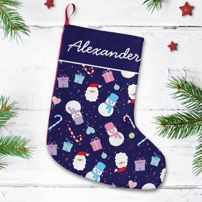 Elegant Santa Snowman Candy Cane Christmas Pattern Large Christmas Stocking (Creator Uploaded)