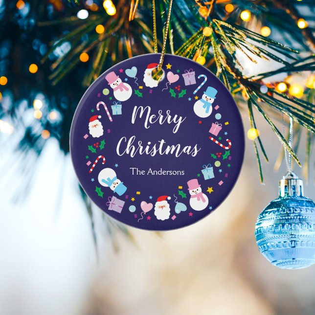 Elegant Santa Snowman Candy Cane Christmas Wreath Ceramic Ornament (Creator Uploaded)