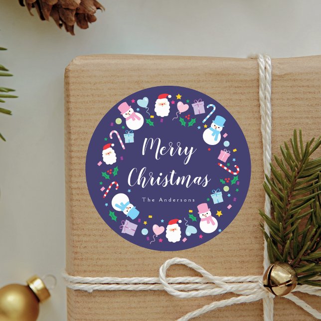 Elegant Santa Snowman Candy Cane Christmas Wreath Classic Round Sticker (Creator Uploaded)