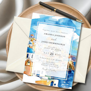 Elegant Santorini Greece Destination Blue & White Invitation