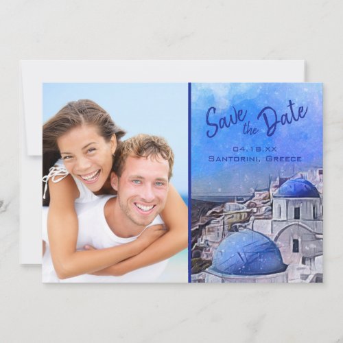 Elegant Santorini Greece Photo Blue Watercolor Save The Date