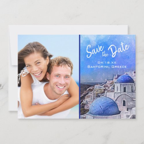 Elegant Santorini Greece Photo Watercolor Save The Date