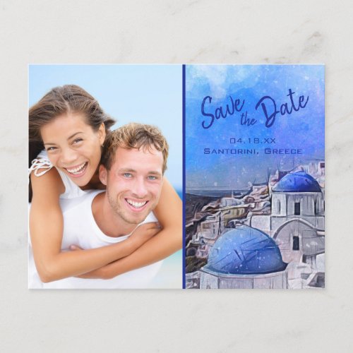 Elegant Santorini Greece Watercolor Photo Wedding Announcement Postcard