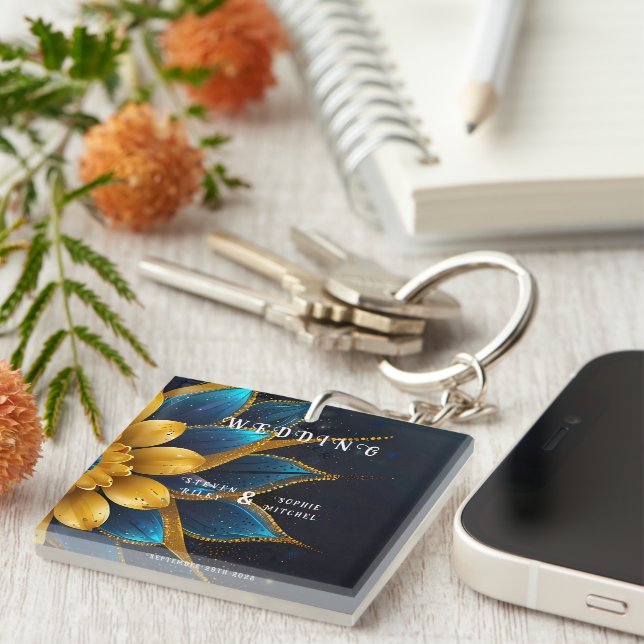 Elegant Sapphire and Gold Floral Wedding Keychain (Front Right)