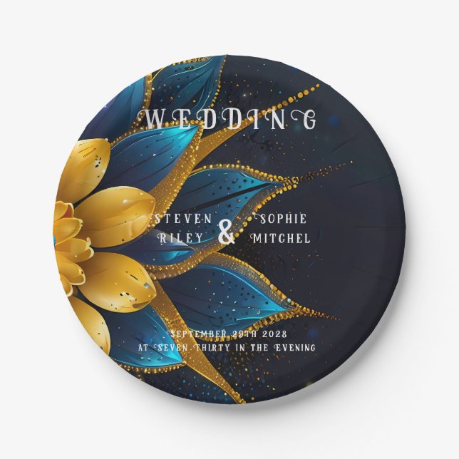 Elegant Sapphire and Gold Floral Wedding Paper Plates (Front)