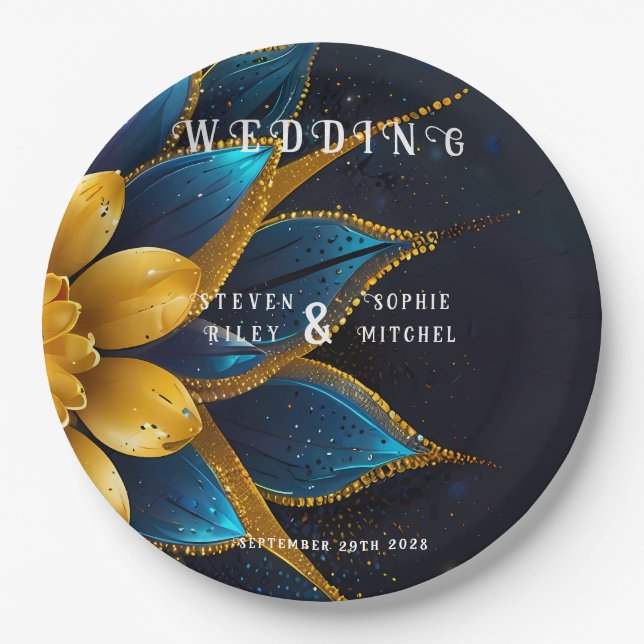Elegant Sapphire and Gold Floral Wedding Paper Plates (Front)