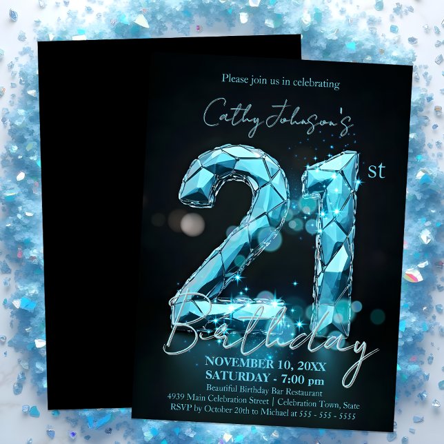 Elegant Sapphire Blue and Black 21st Birthday Invitation (Creator Uploaded)