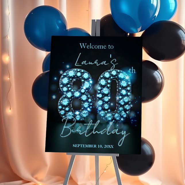 Elegant Sapphire Blue and Black 80th Birthday Foam Board (Creator Uploaded)