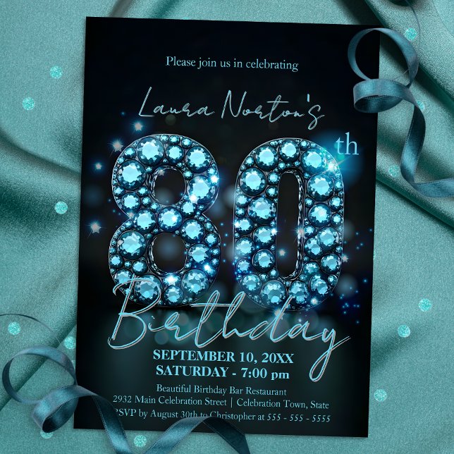 Elegant Sapphire Blue and Black 80th Birthday Invitation (Creator Uploaded)