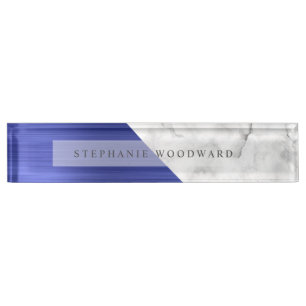 Elegant Sapphire Blue Brushed Metal White Marble Desk Name Plate