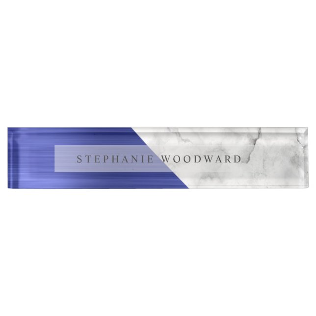Elegant Sapphire Blue Brushed Metal White Marble Desk Name Plate (Front)