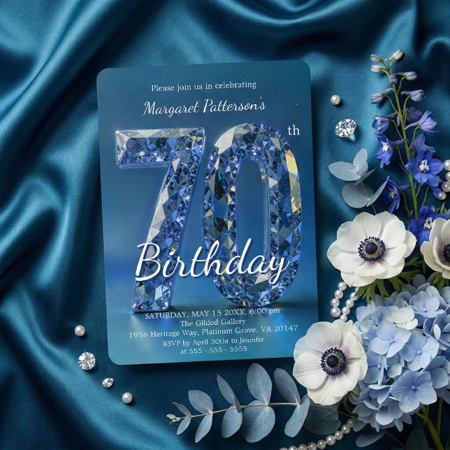 Elegant Sapphire Blue Diamond 70th Birthday Invitation (Creator Uploaded)