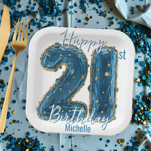 Elegant Sapphire Blue & Gold 21st Birthday Paper Plates