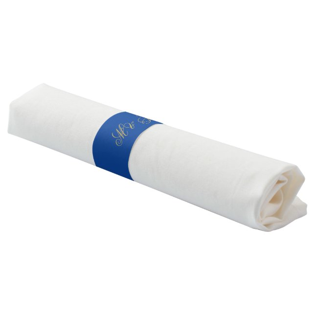 Elegant Sapphire Blue Gold Calligraphy Wedding Napkin Bands (Angled)