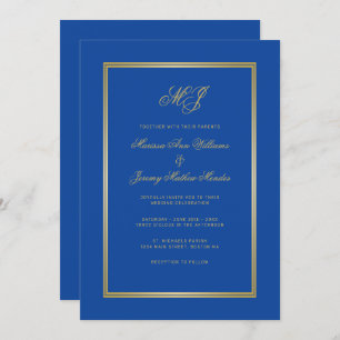 Elegant Sapphire Blue Gold Monogram Script Wedding Invitation