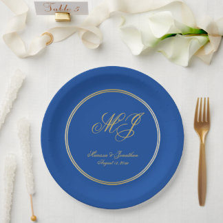 Elegant Sapphire Blue Gold Monogram Script Wedding Paper Plates