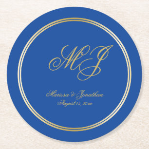 Elegant Sapphire Blue Gold Monogram Script Wedding Round Paper Coaster