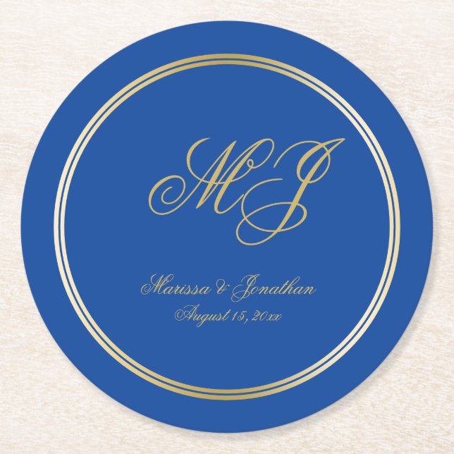 Elegant Sapphire Blue Gold Monogram Script Wedding Round Paper Coaster (Front)