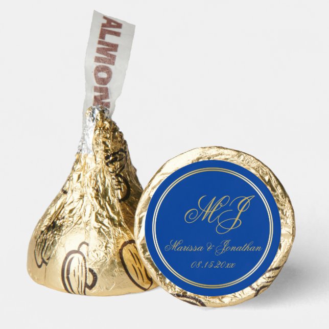 Elegant Sapphire Blue Gold Monogram Wedding Hershey®'s Kisses® (Front)