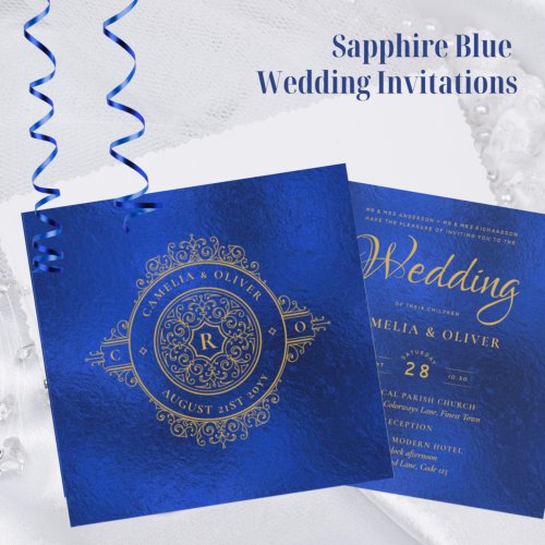 Elegant Sapphire Blue Ornate Vintage WEDDING Invitation