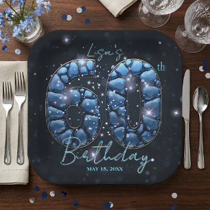 Elegant Sapphire Blue Stone Mosaic 60th Birthday Paper Plates