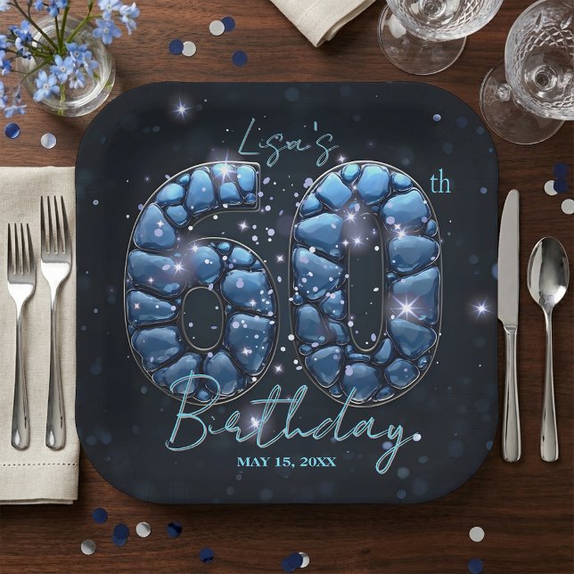 Elegant Sapphire Blue Stone Mosaic 60th Birthday Paper Plates (Creator Uploaded)