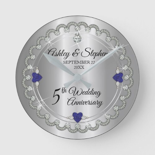 Elegant Sapphire Diamonds 5th Wedding Anniversary Round Clock