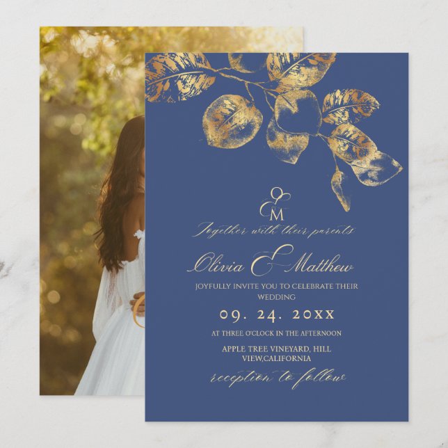 Elegant Sapphire Pantone Gold Wedding Invitation (Front/Back)