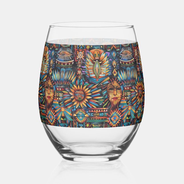 Elegant Sapphire "Pre-Columbian Tapestry" Stemless Stemless Wine Glass (Front)