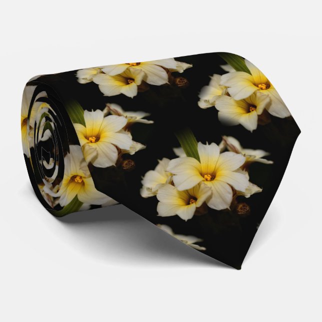 Elegant Satin Flowers on Black Neck Tie (Rolled)