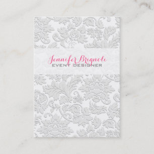 Elegant Satin White Floral Damasks Embossed Effect Business Card