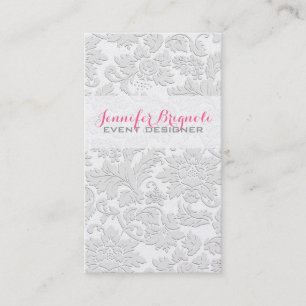Elegant Satin White Floral Damasks Embossed Effect Business Card