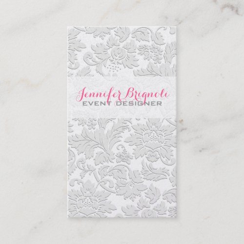 Elegant Satin White Floral Damasks Embossed Effect Business Card