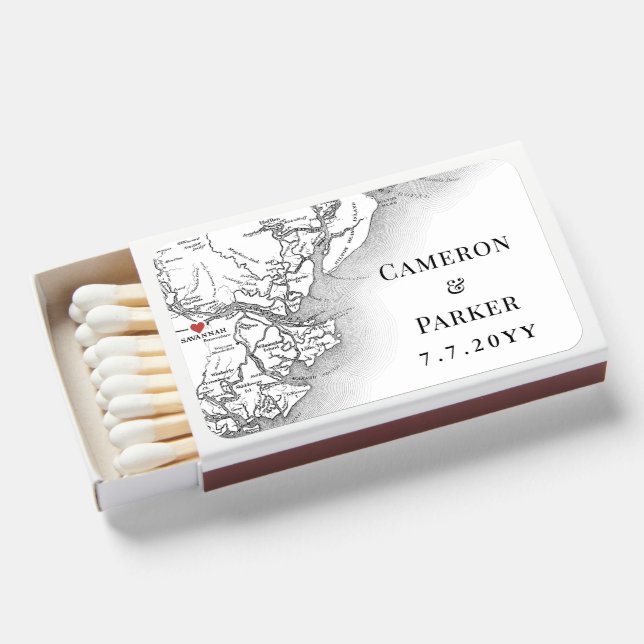 Elegant Savannah Georgia Map Black White Wedding Matchboxes (Front Open)