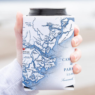 Elegant Savannah Georgia Map Navy Blue Wedding Can Cooler