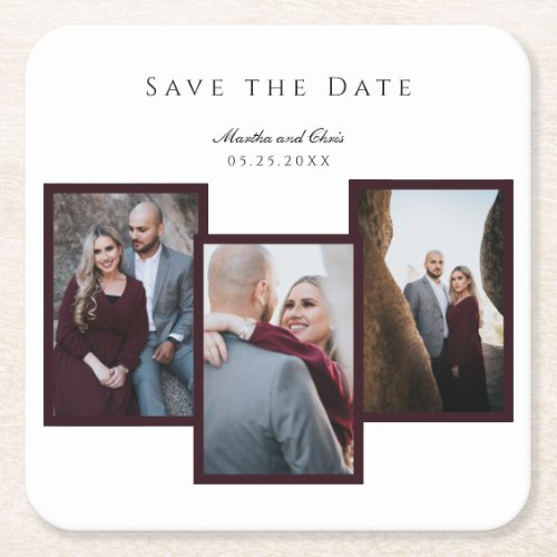Elegant Save the Date 3 Photo Collage Red Chic Square Paper Coaster