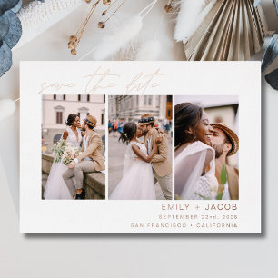 Elegant Save the Date 3 Photo Minimalist Rose Gold Foil Invitation