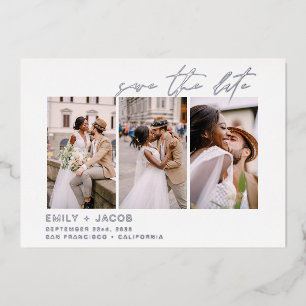 Elegant Save the Date 3 Photo Minimalist Silver Foil Invitation