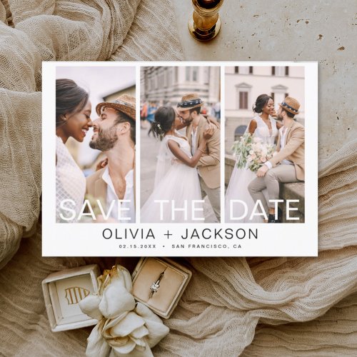 Elegant Save the Date 3 Photo White Lettered 