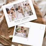 Elegant Save the Date 4 Photo White Lettered  Announcement Postcard<br><div class="desc">Modern and Elegant Photo Save the Date Wedding Card. The save the date invitation card includes white typography and chic and simple design on a white background that you can add your customized engagement photograph picture to.</div>