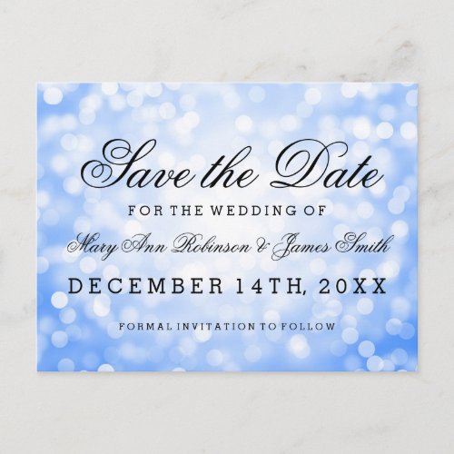 Elegant Save The Date Blue Glitter Lights Announcement Postcard